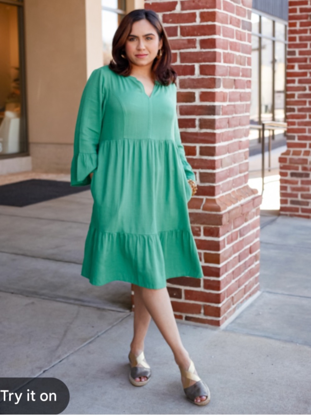 J. Jill Emerald Green linen blend Tiered V-Neck Midi Dress